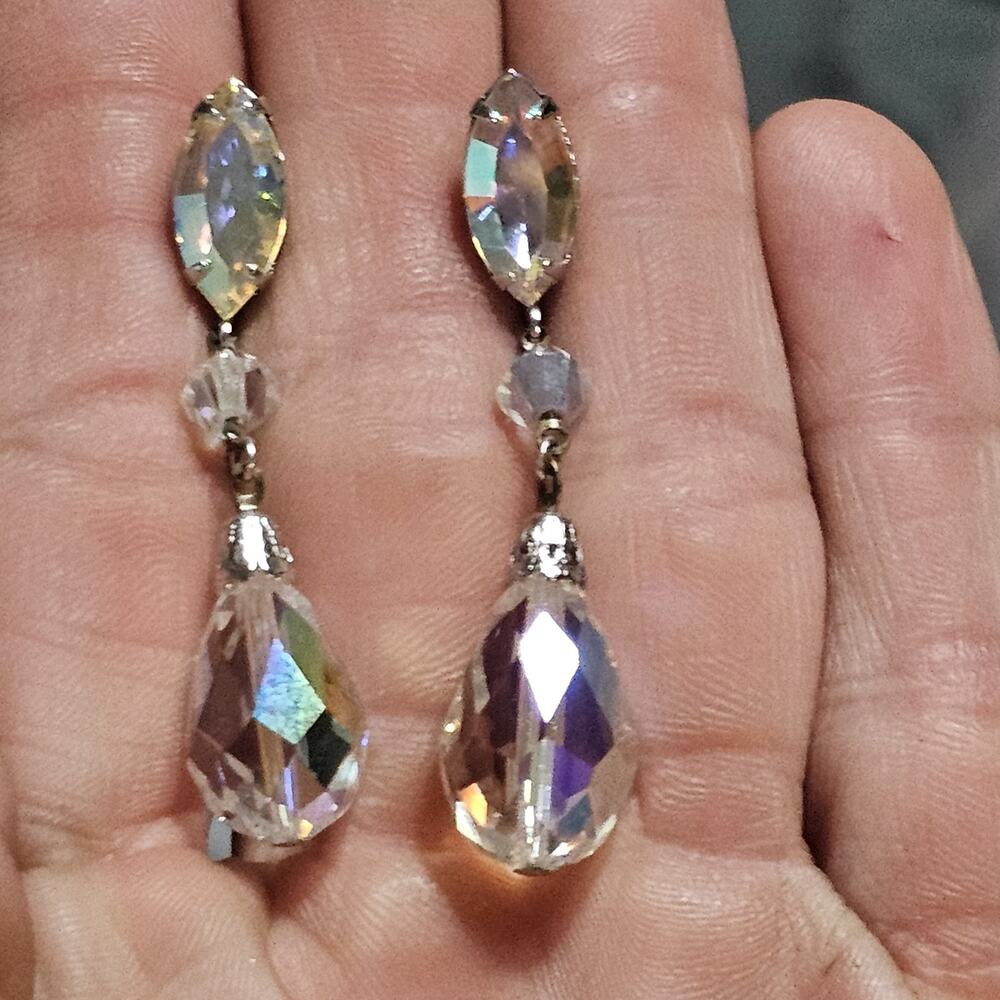 Vintage Aurora Borealis Crystal Drop Earrings With Leverback Closure
